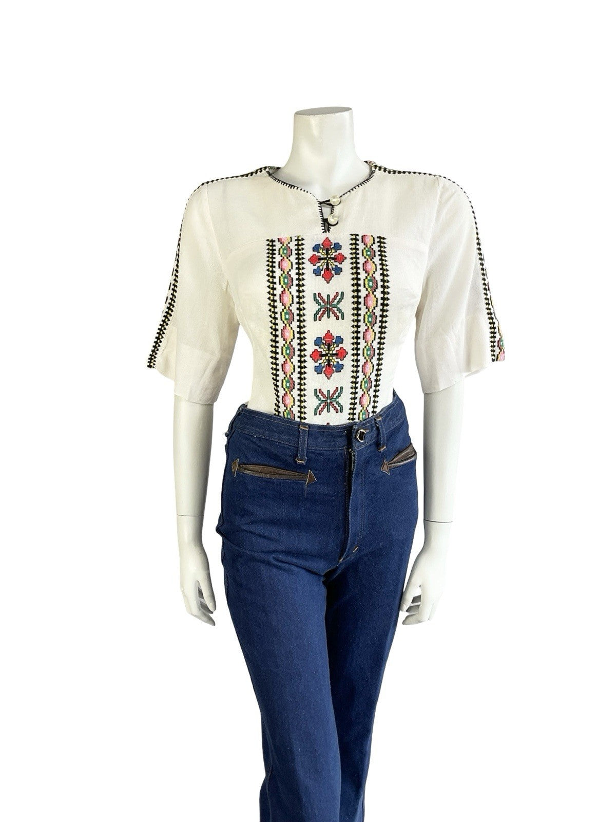 VTG 60S 70S IVORY BLACK YELLOW GREEN PINK EMBROIDERED FOLK COTTON BLOUSE 10