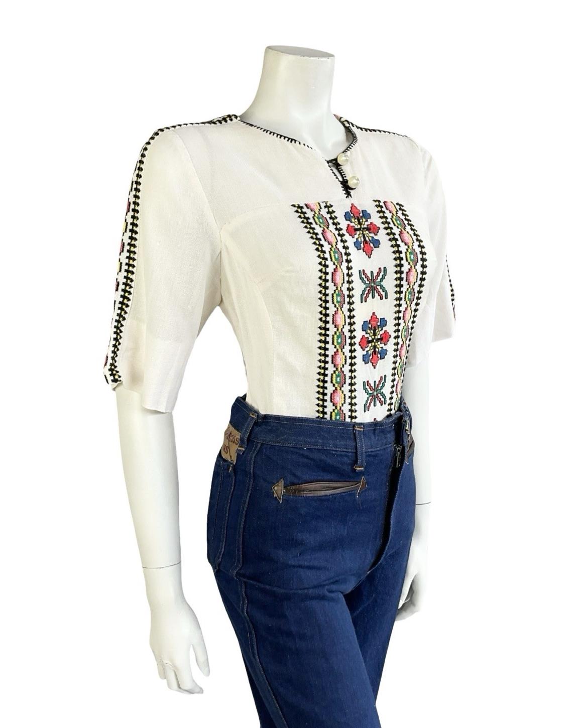 VTG 60S 70S IVORY BLACK YELLOW GREEN PINK EMBROIDERED FOLK COTTON BLOUSE 10