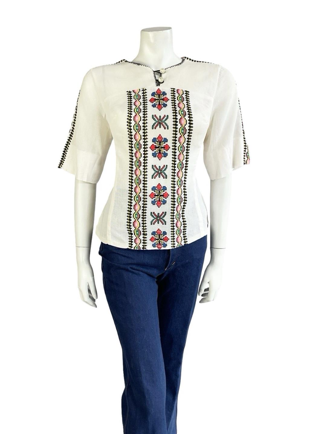 VTG 60S 70S IVORY BLACK YELLOW GREEN PINK EMBROIDERED FOLK COTTON BLOUSE 10