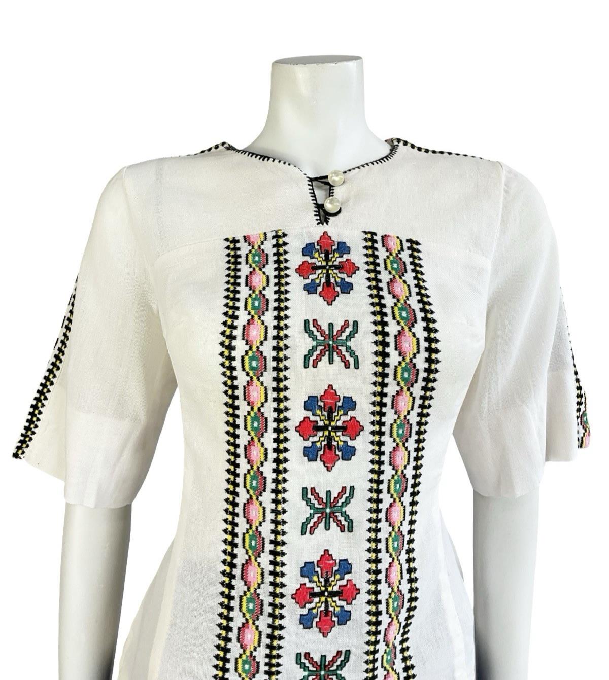 VTG 60S 70S IVORY BLACK YELLOW GREEN PINK EMBROIDERED FOLK COTTON BLOUSE 10