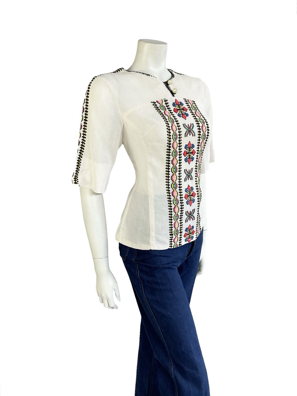 VTG 60S 70S IVORY BLACK YELLOW GREEN PINK EMBROIDERED FOLK COTTON BLOUSE 10
