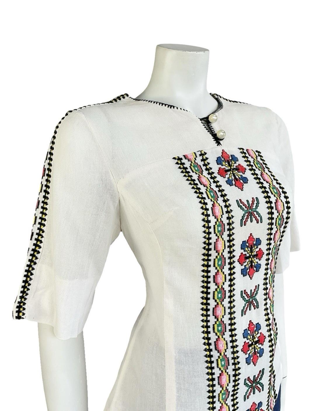 VTG 60S 70S IVORY BLACK YELLOW GREEN PINK EMBROIDERED FOLK COTTON BLOUSE 10