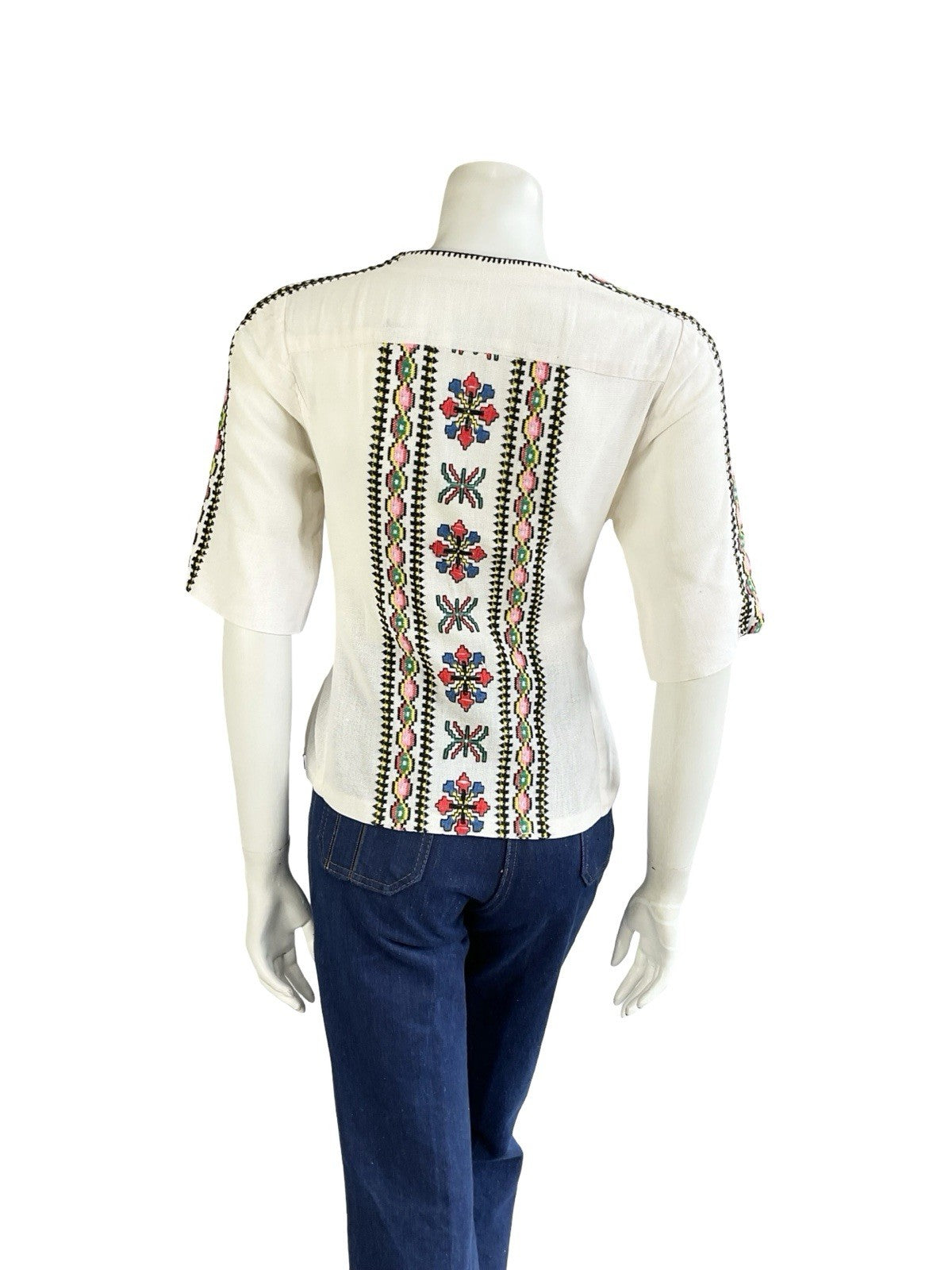 VTG 60S 70S IVORY BLACK YELLOW GREEN PINK EMBROIDERED FOLK COTTON BLOUSE 10