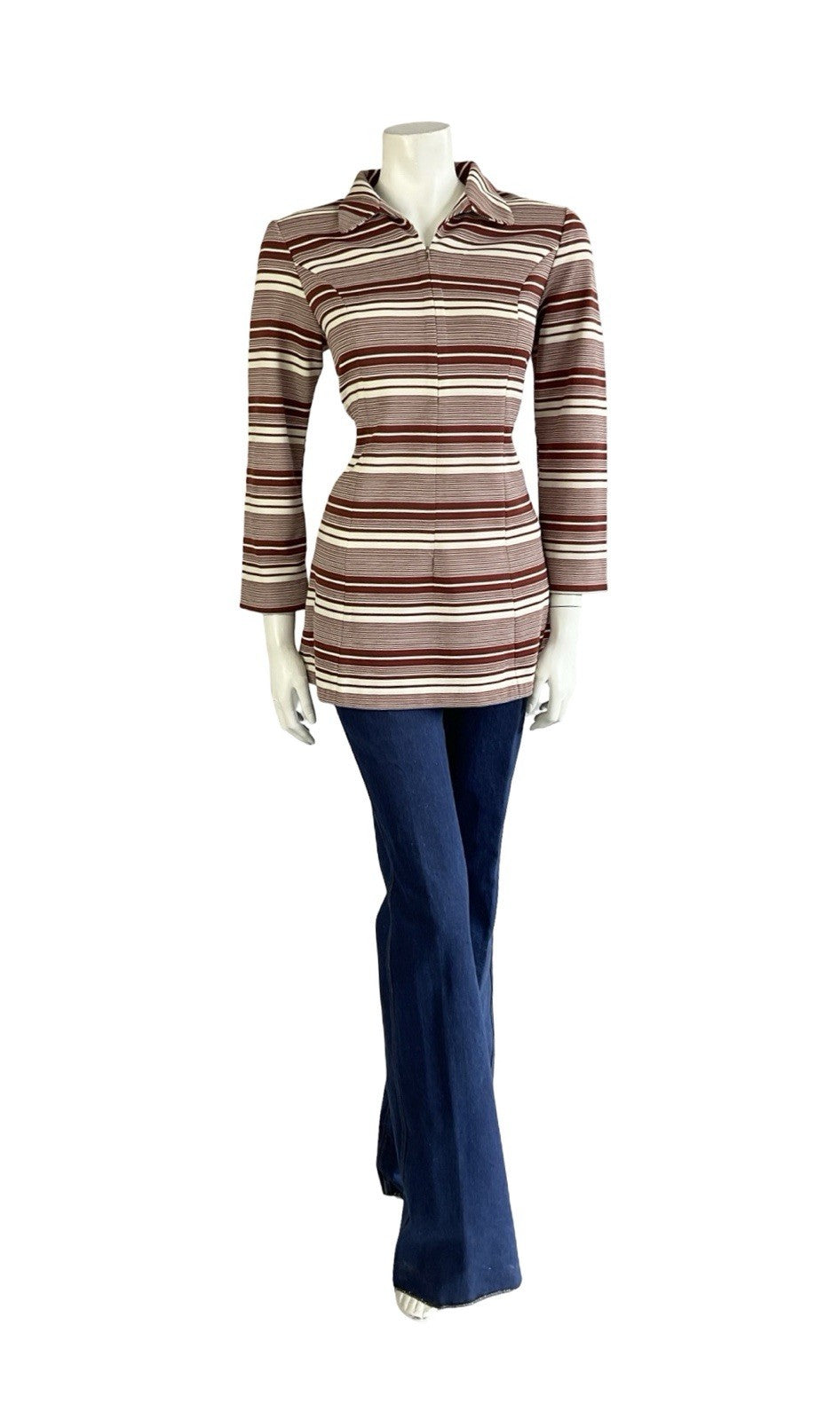 VTG 70S CREAM BROWN RETRO STRIPED GEOMETRIC DOG EAR COLLAR ZIP TUNIC SHIRT 10 12