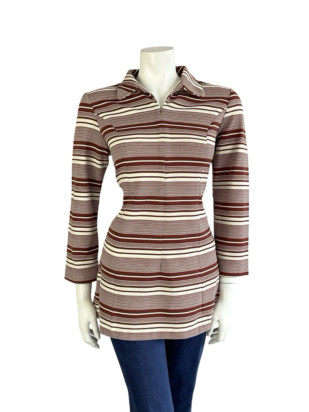VTG 70S CREAM BROWN RETRO STRIPED GEOMETRIC DOG EAR COLLAR ZIP TUNIC SHIRT 10 12