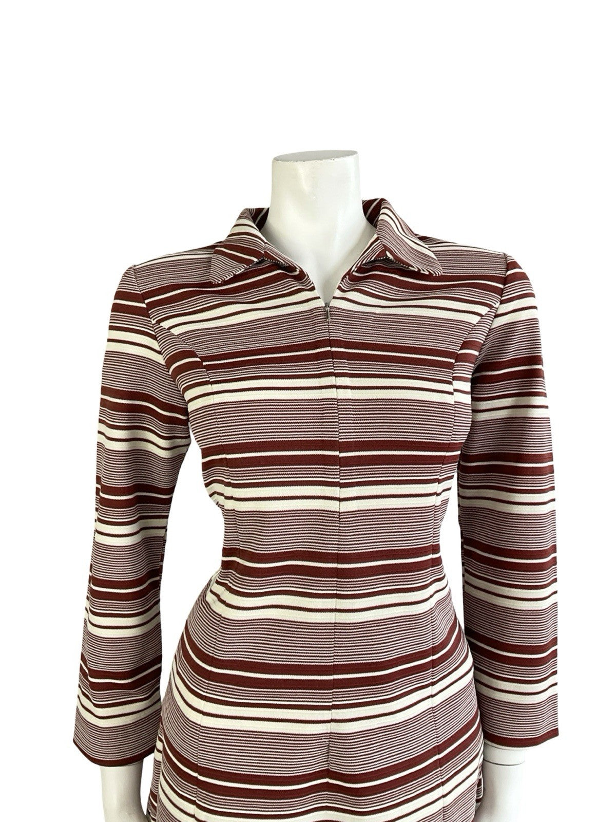 VTG 70S CREAM BROWN RETRO STRIPED GEOMETRIC DOG EAR COLLAR ZIP TUNIC SHIRT 10 12