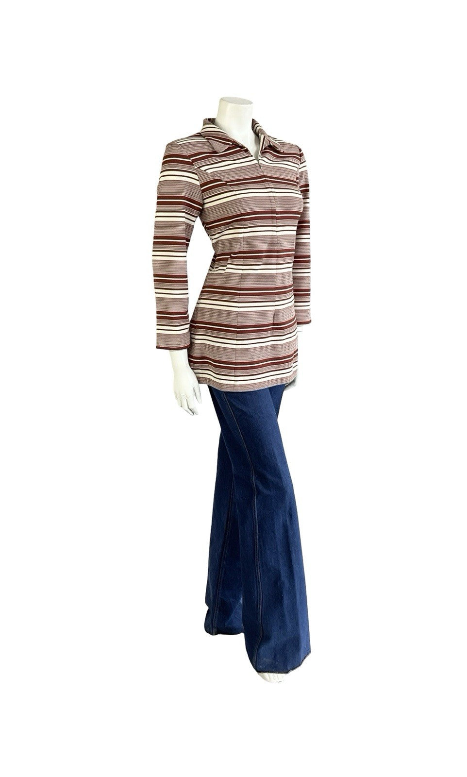 VTG 70S CREAM BROWN RETRO STRIPED GEOMETRIC DOG EAR COLLAR ZIP TUNIC SHIRT 10 12