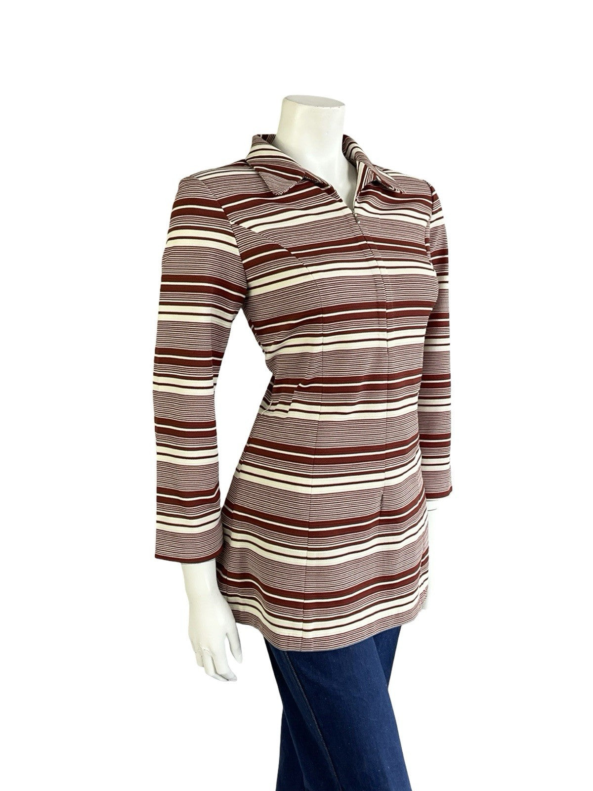 VTG 70S CREAM BROWN RETRO STRIPED GEOMETRIC DOG EAR COLLAR ZIP TUNIC SHIRT 10 12