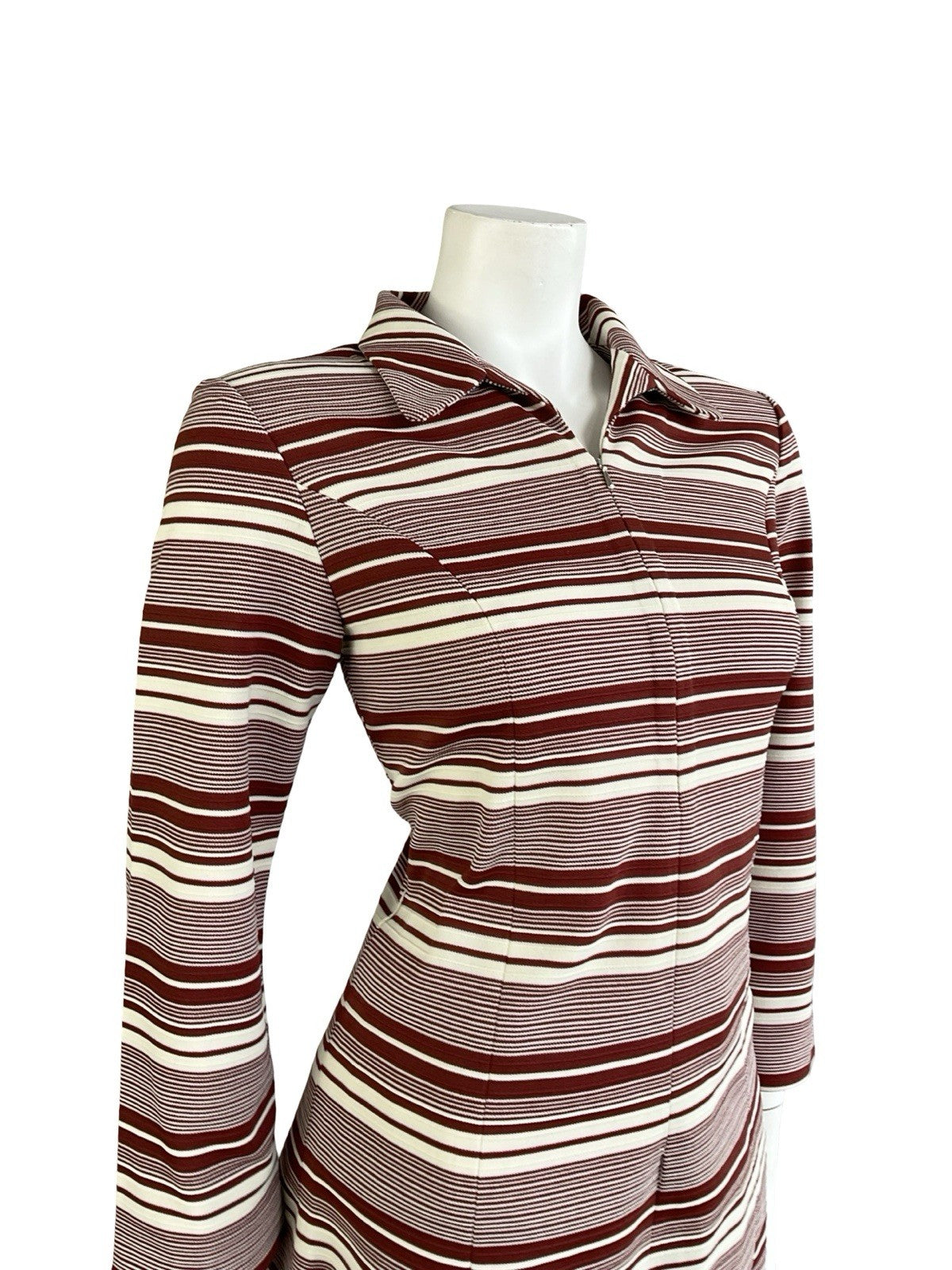 VTG 70S CREAM BROWN RETRO STRIPED GEOMETRIC DOG EAR COLLAR ZIP TUNIC SHIRT 10 12