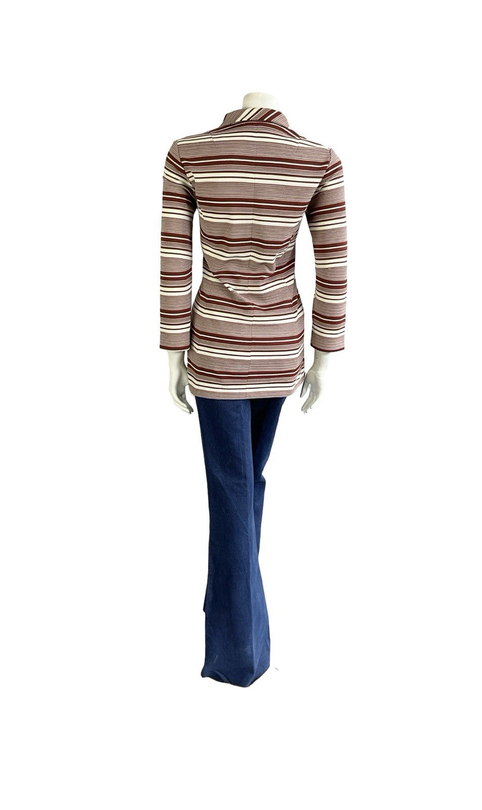 VTG 70S CREAM BROWN RETRO STRIPED GEOMETRIC DOG EAR COLLAR ZIP TUNIC SHIRT 10 12