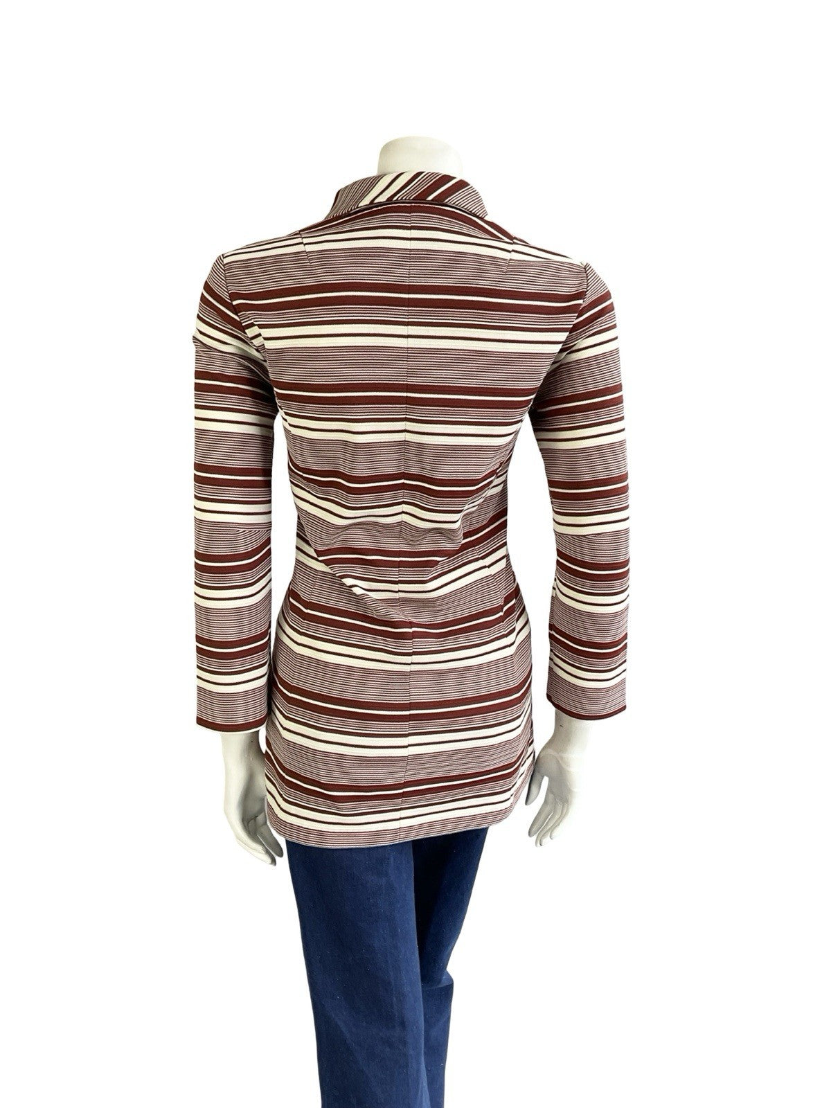 VTG 70S CREAM BROWN RETRO STRIPED GEOMETRIC DOG EAR COLLAR ZIP TUNIC SHIRT 10 12