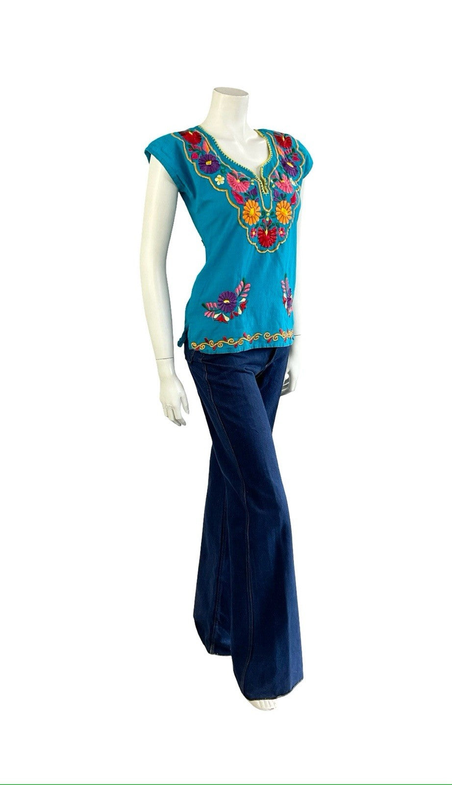 VTG 60S 70S BLUE RED ORANGE PINK RED GREEN MEXICAN FOLK EMBROIDERED FLORAL TOP 8