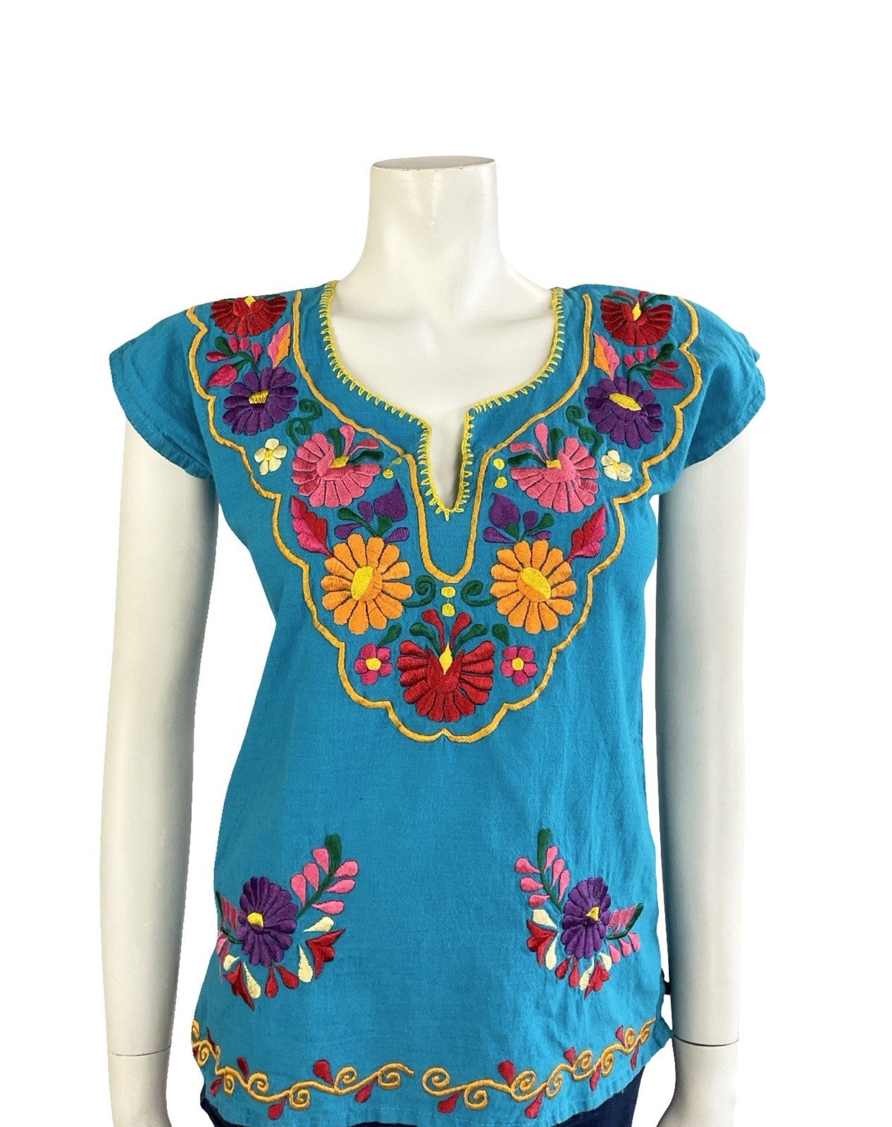 VTG 60S 70S BLUE RED ORANGE PINK RED GREEN MEXICAN FOLK EMBROIDERED FLORAL TOP 8