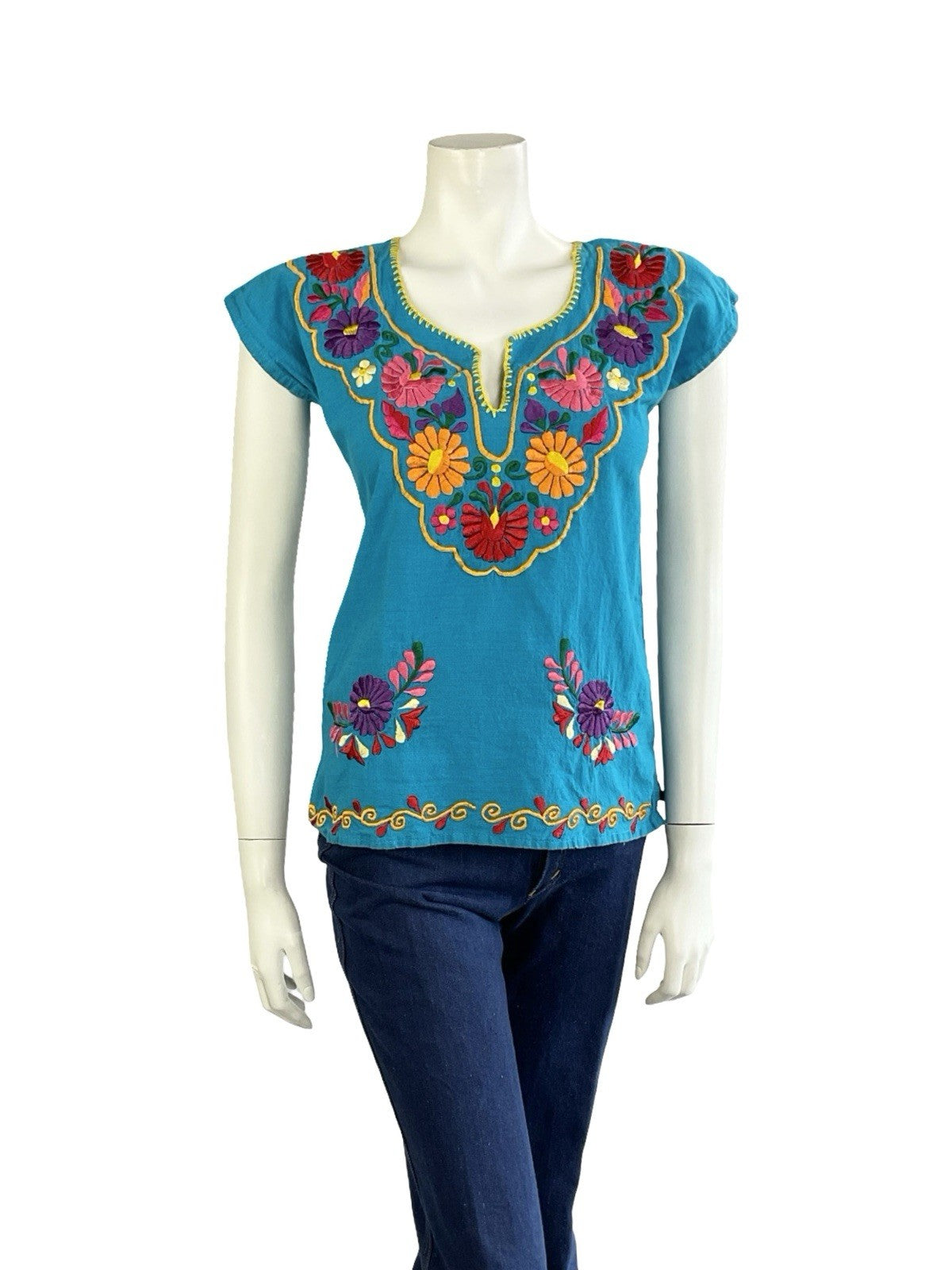 VTG 60S 70S BLUE RED ORANGE PINK RED GREEN MEXICAN FOLK EMBROIDERED FLORAL TOP 8