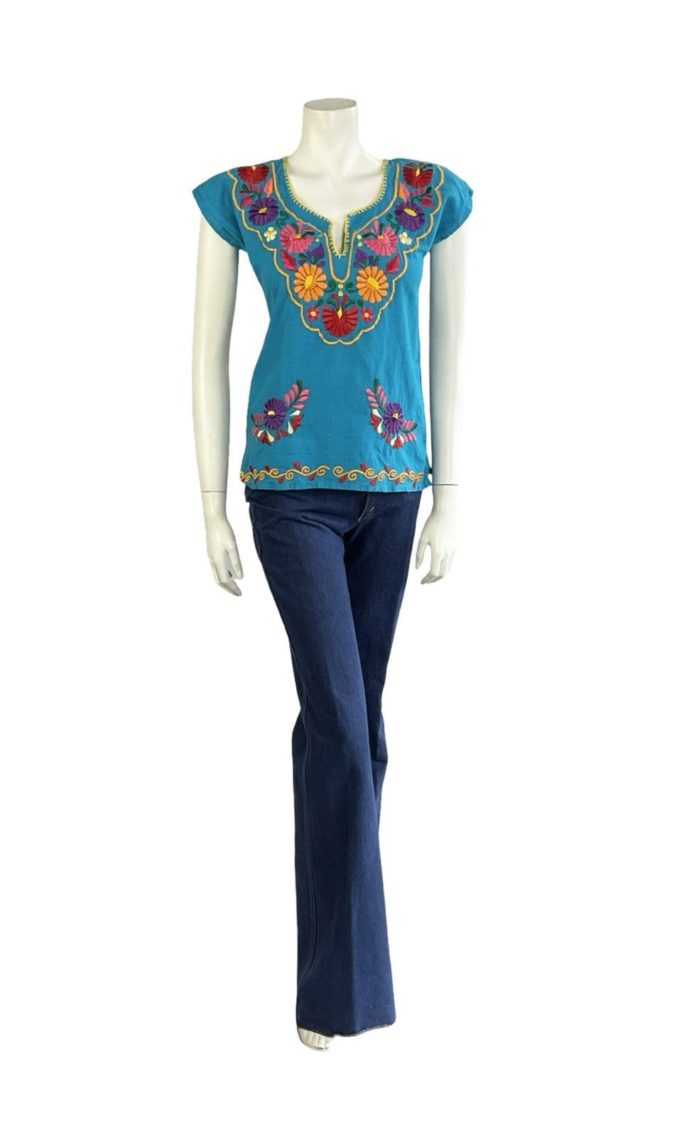 VTG 60S 70S BLUE RED ORANGE PINK RED GREEN MEXICAN FOLK EMBROIDERED FLORAL TOP 8