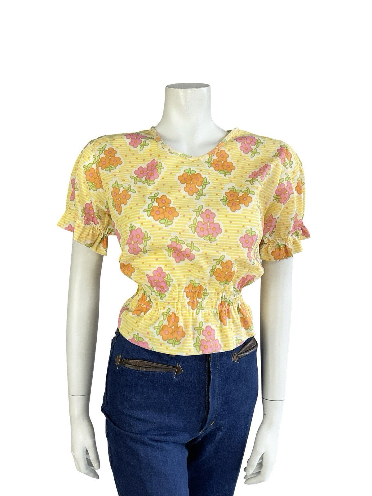 VTG 70S MOD YELLOW WHITE ORANGE PINK FLORAL DAIST ELASTICATED PUFF SLEEVE TOP 10