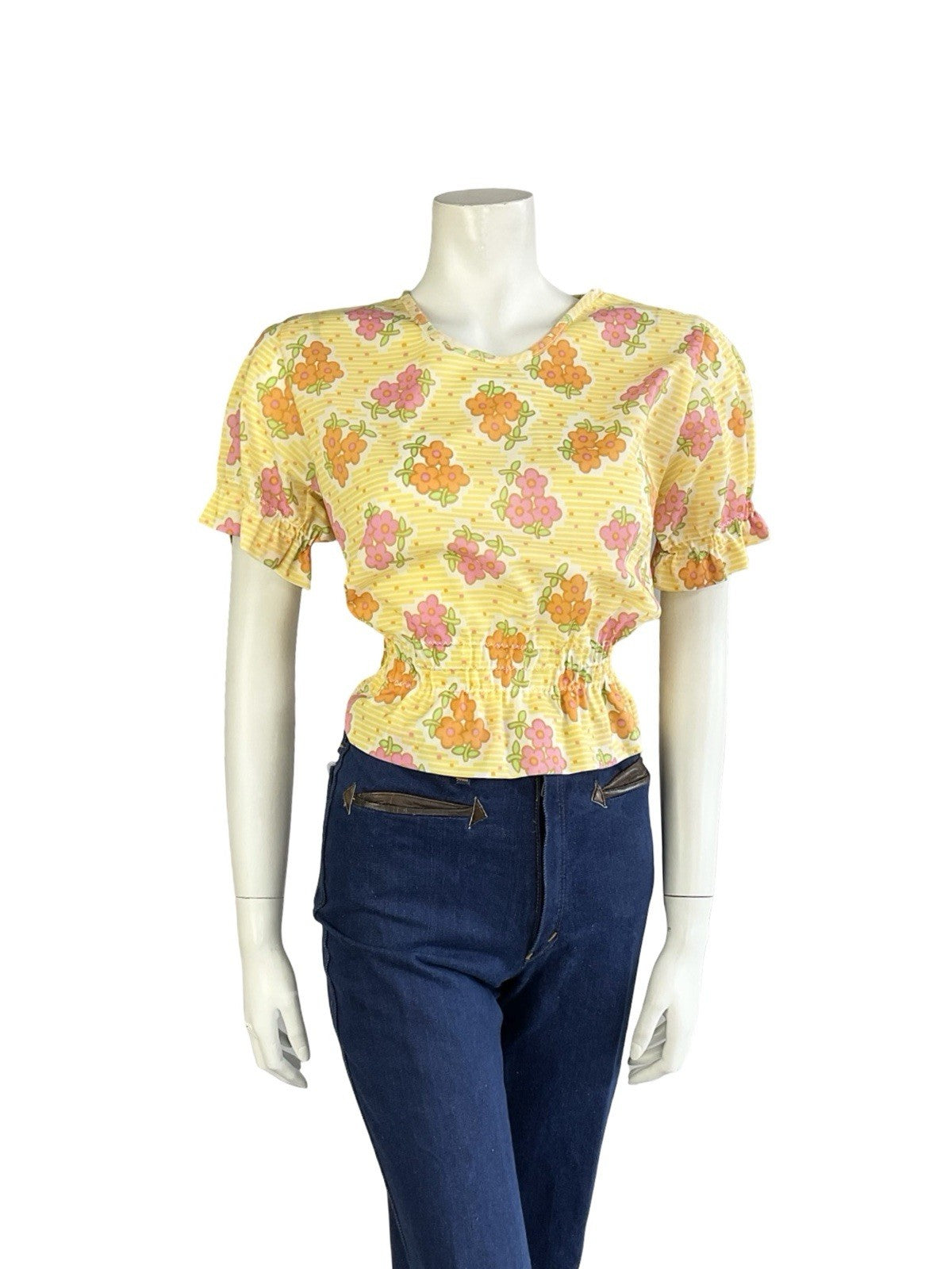 VTG 70S MOD YELLOW WHITE ORANGE PINK FLORAL DAIST ELASTICATED PUFF SLEEVE TOP 10