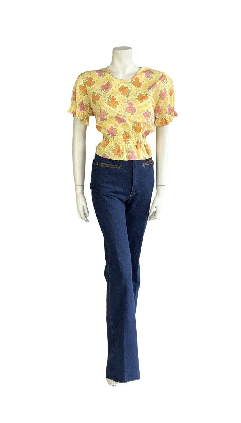 VTG 70S MOD YELLOW WHITE ORANGE PINK FLORAL DAIST ELASTICATED PUFF SLEEVE TOP 10