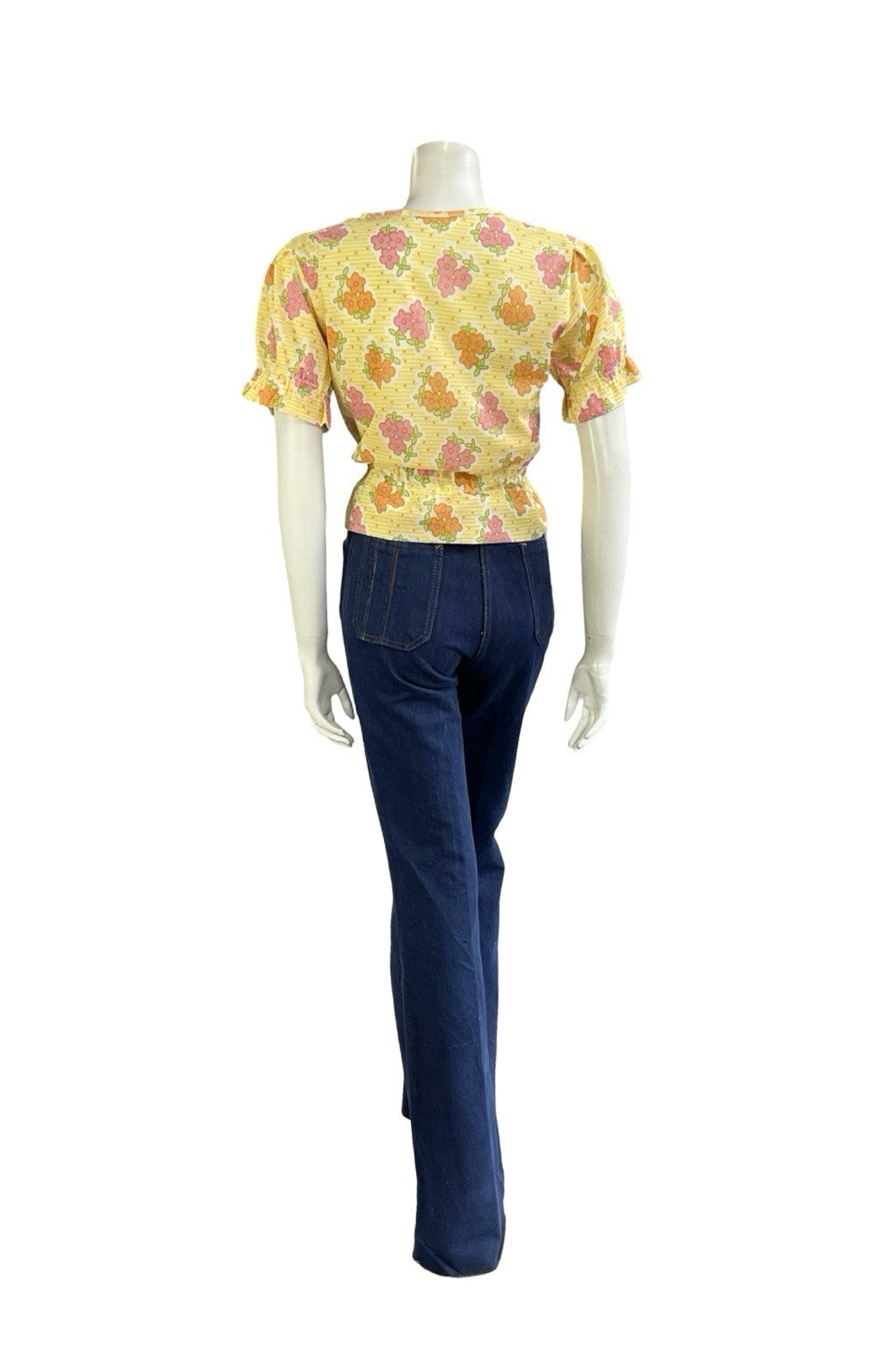 VTG 70S MOD YELLOW WHITE ORANGE PINK FLORAL DAIST ELASTICATED PUFF SLEEVE TOP 10