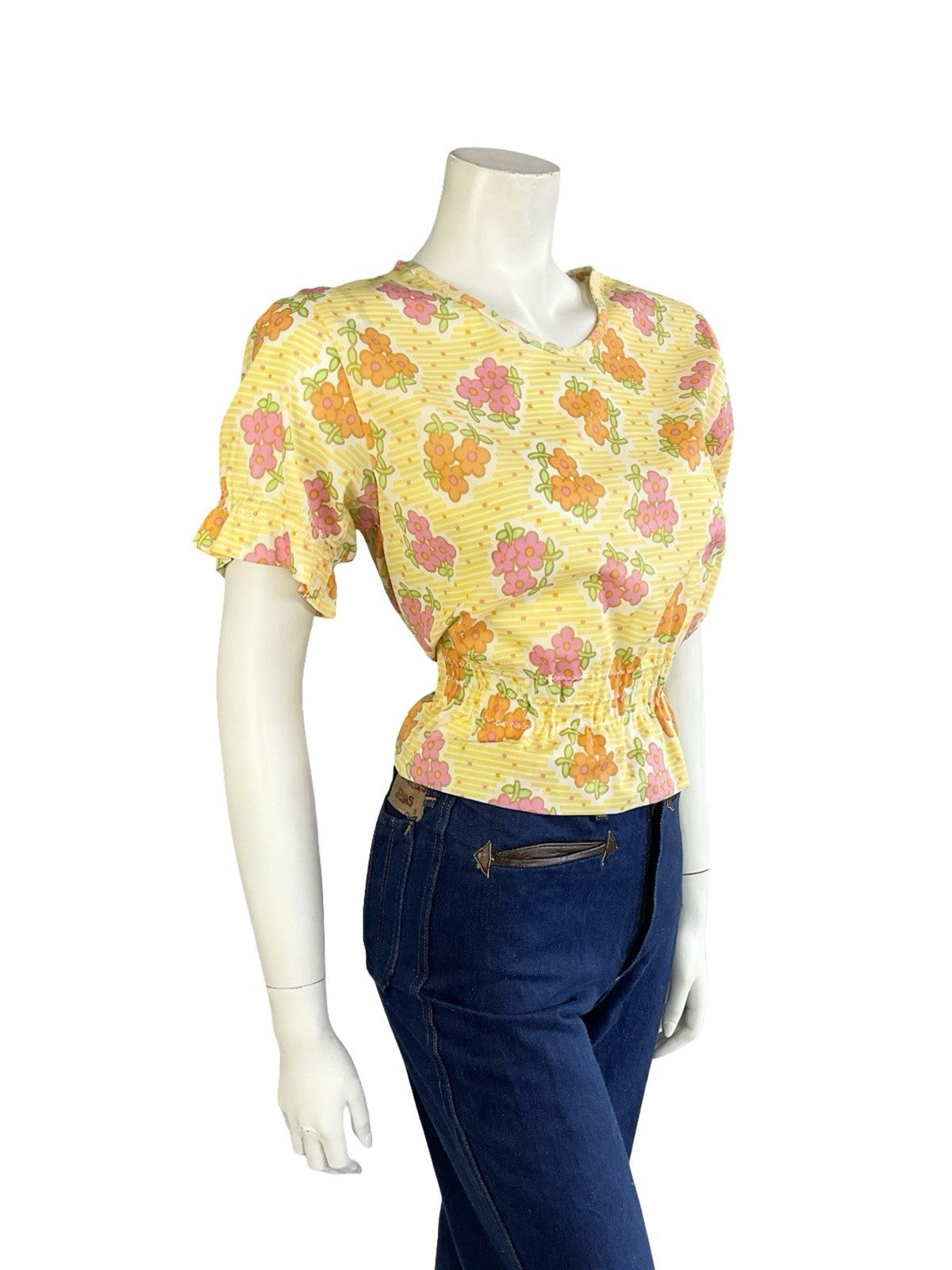 VTG 70S MOD YELLOW WHITE ORANGE PINK FLORAL DAIST ELASTICATED PUFF SLEEVE TOP 10