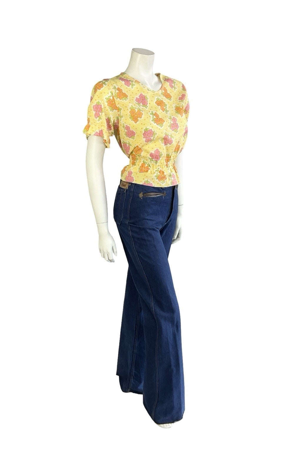 VTG 70S MOD YELLOW WHITE ORANGE PINK FLORAL DAIST ELASTICATED PUFF SLEEVE TOP 10