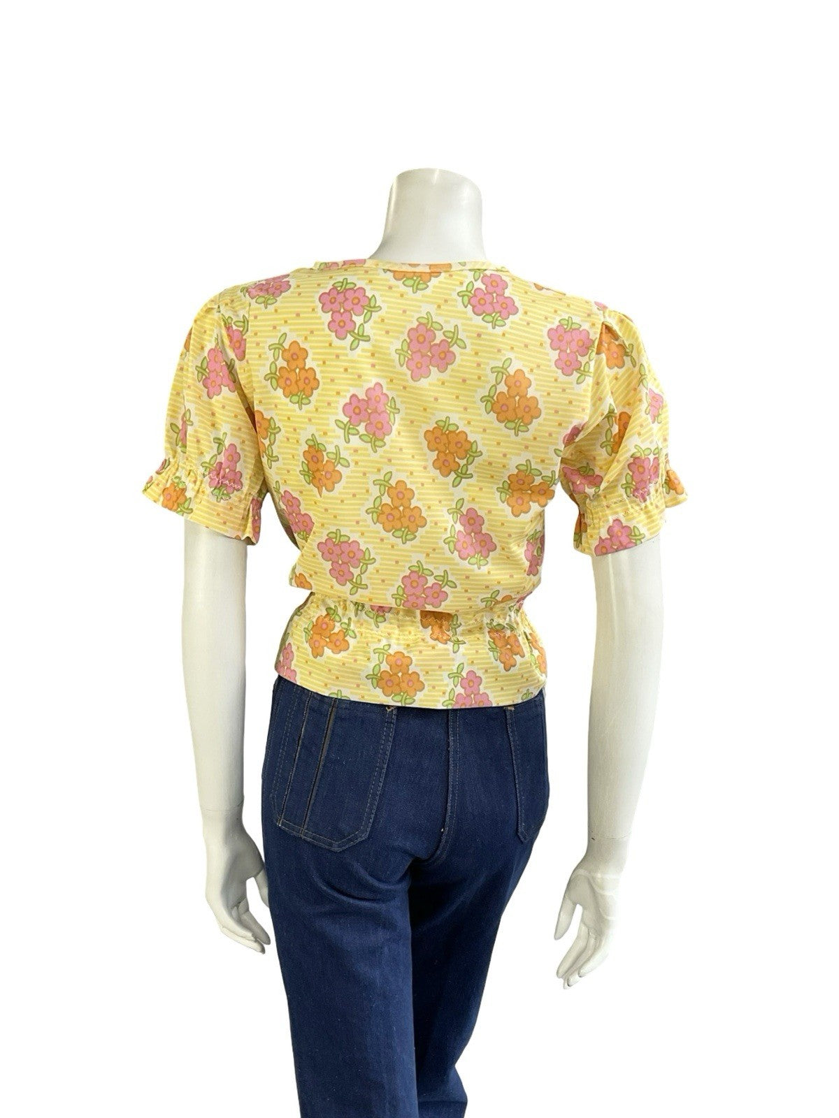 VTG 70S MOD YELLOW WHITE ORANGE PINK FLORAL DAIST ELASTICATED PUFF SLEEVE TOP 10