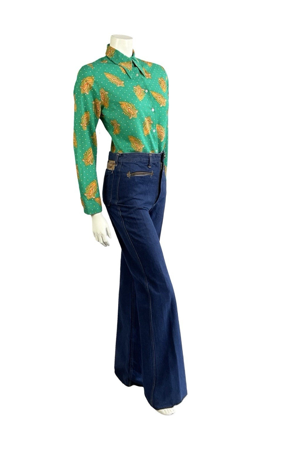 VTG 60S 70S GREEN ORANGE YELLOW PSYCHEDELIC DAGGER MANDALA POLKA DOR SHIRT 14