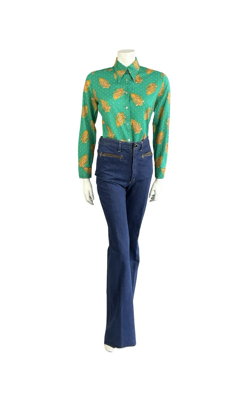 VTG 60S 70S GREEN ORANGE YELLOW PSYCHEDELIC DAGGER MANDALA POLKA DOR SHIRT 14