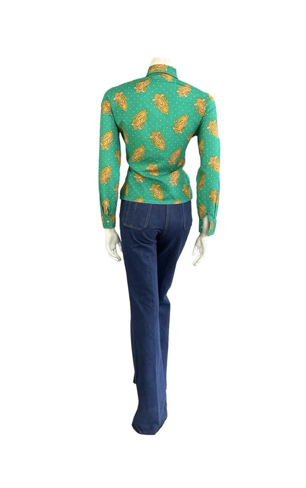 VTG 60S 70S GREEN ORANGE YELLOW PSYCHEDELIC DAGGER MANDALA POLKA DOR SHIRT 14
