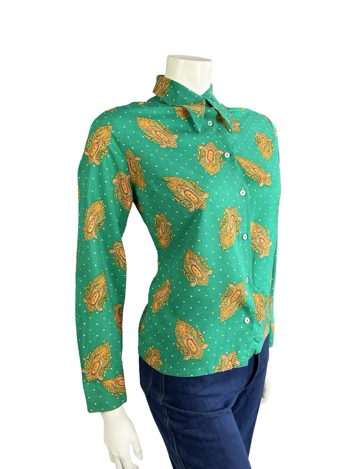 VTG 60S 70S GREEN ORANGE YELLOW PSYCHEDELIC DAGGER MANDALA POLKA DOR SHIRT 14