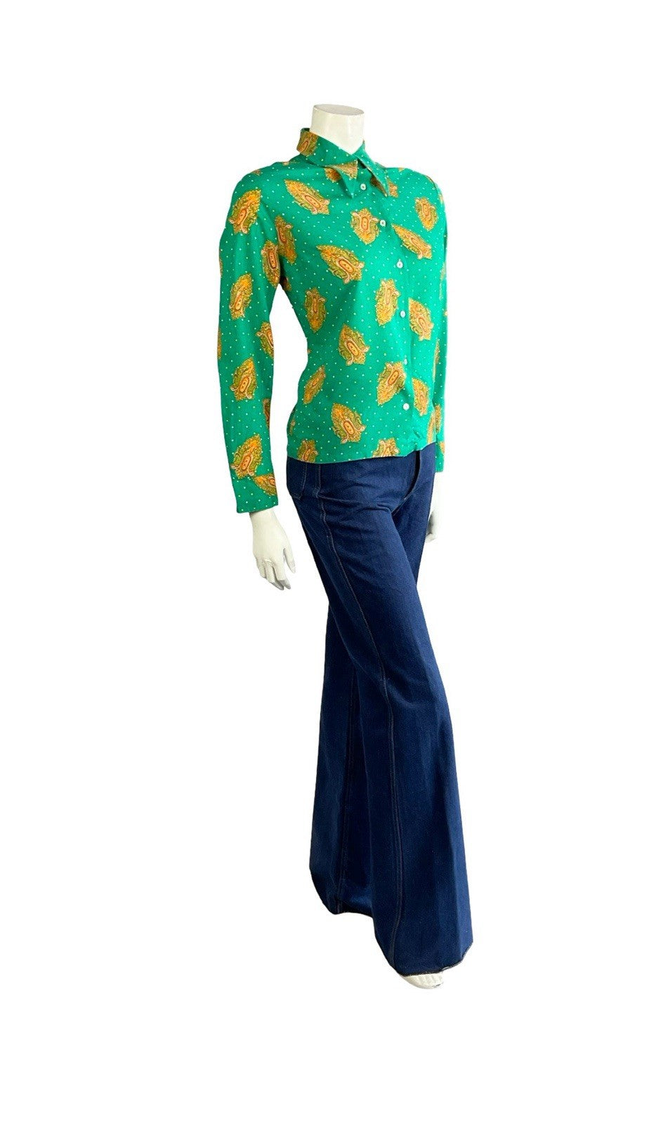 VTG 60S 70S GREEN ORANGE YELLOW PSYCHEDELIC DAGGER MANDALA POLKA DOR SHIRT 14