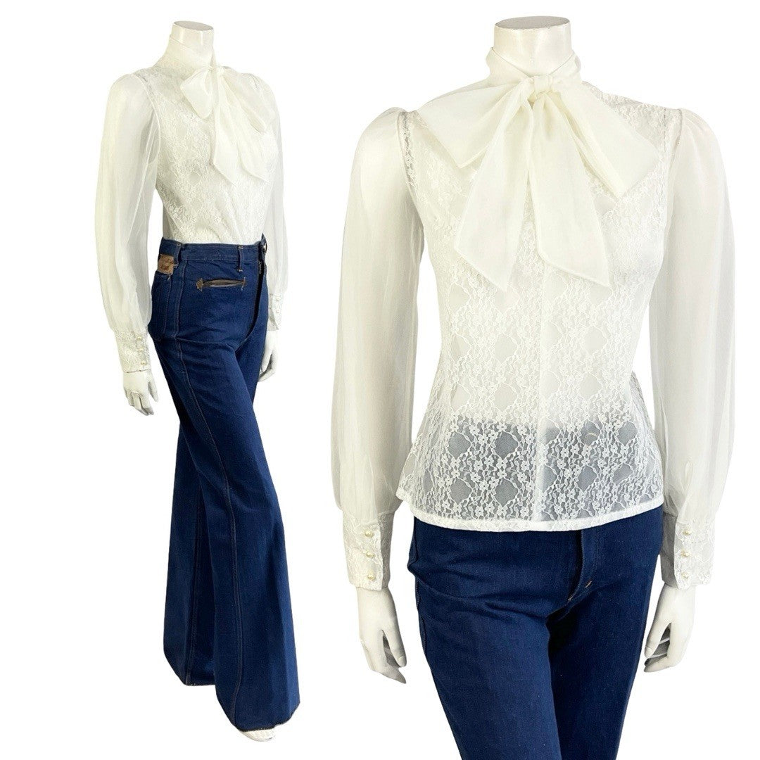 VTG 60S 70S SECRETARY GEEK WHITE IVORY LACE PUSSYBOW MESH BISHOP SLEEVE TOP 14