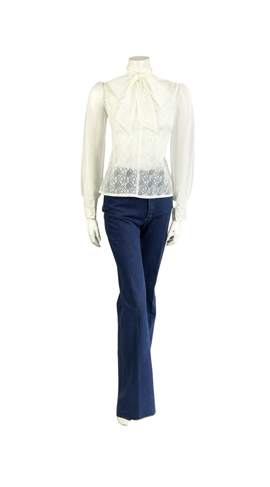VTG 60S 70S SECRETARY GEEK WHITE IVORY LACE PUSSYBOW MESH BISHOP SLEEVE TOP 14