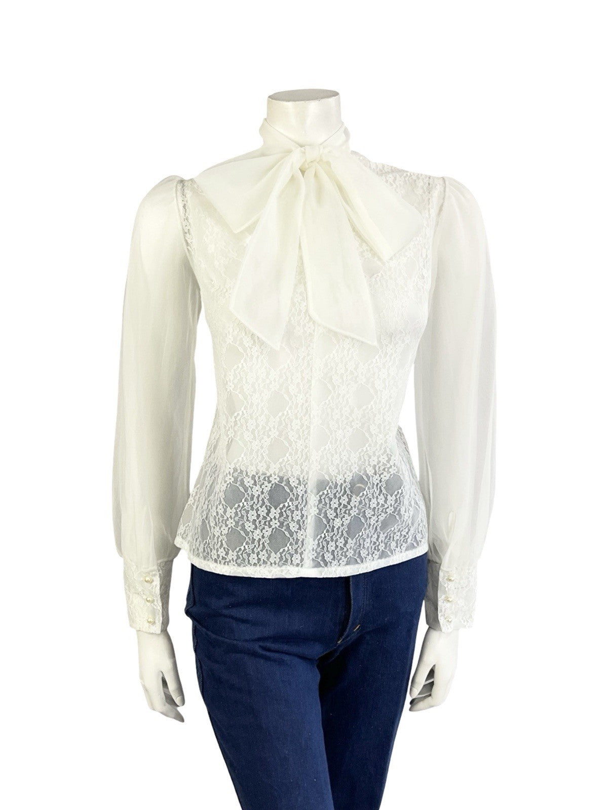 VTG 60S 70S SECRETARY GEEK WHITE IVORY LACE PUSSYBOW MESH BISHOP SLEEVE TOP 14