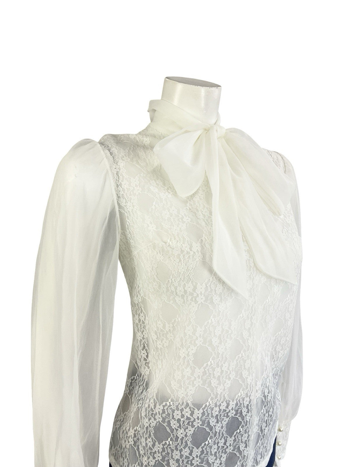 VTG 60S 70S SECRETARY GEEK WHITE IVORY LACE PUSSYBOW MESH BISHOP SLEEVE TOP 14