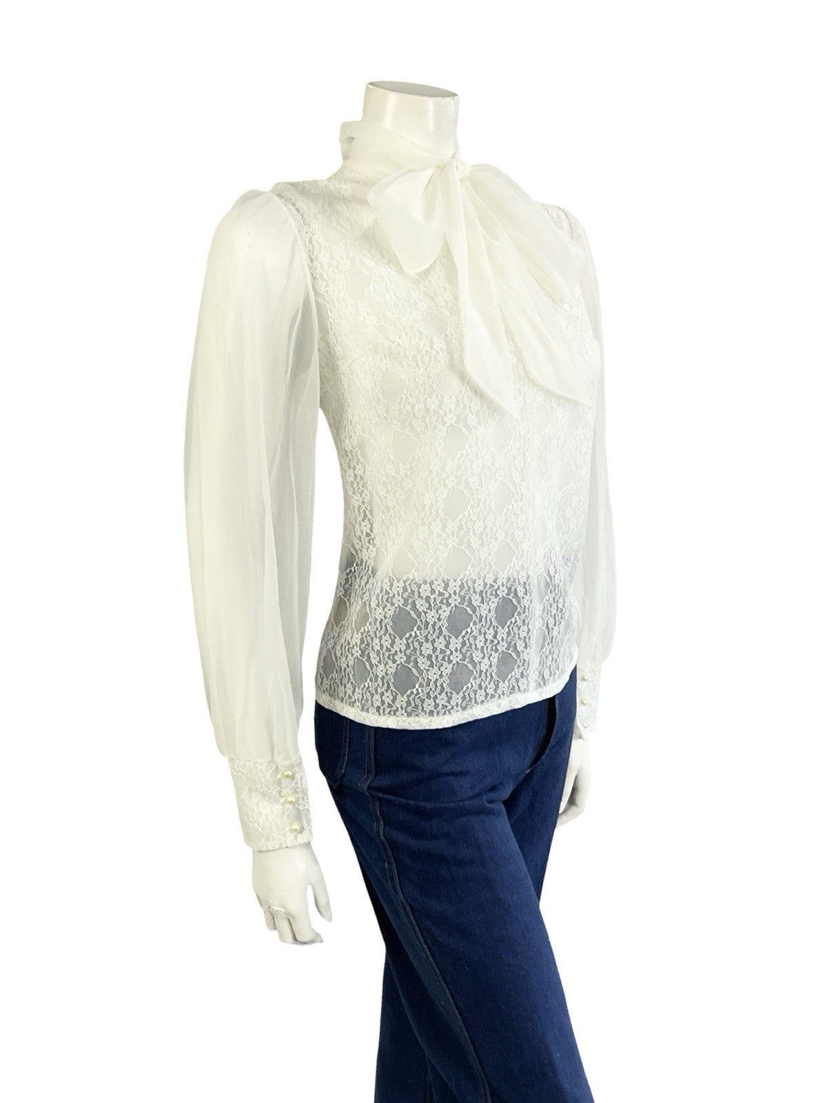 VTG 60S 70S SECRETARY GEEK WHITE IVORY LACE PUSSYBOW MESH BISHOP SLEEVE TOP 14