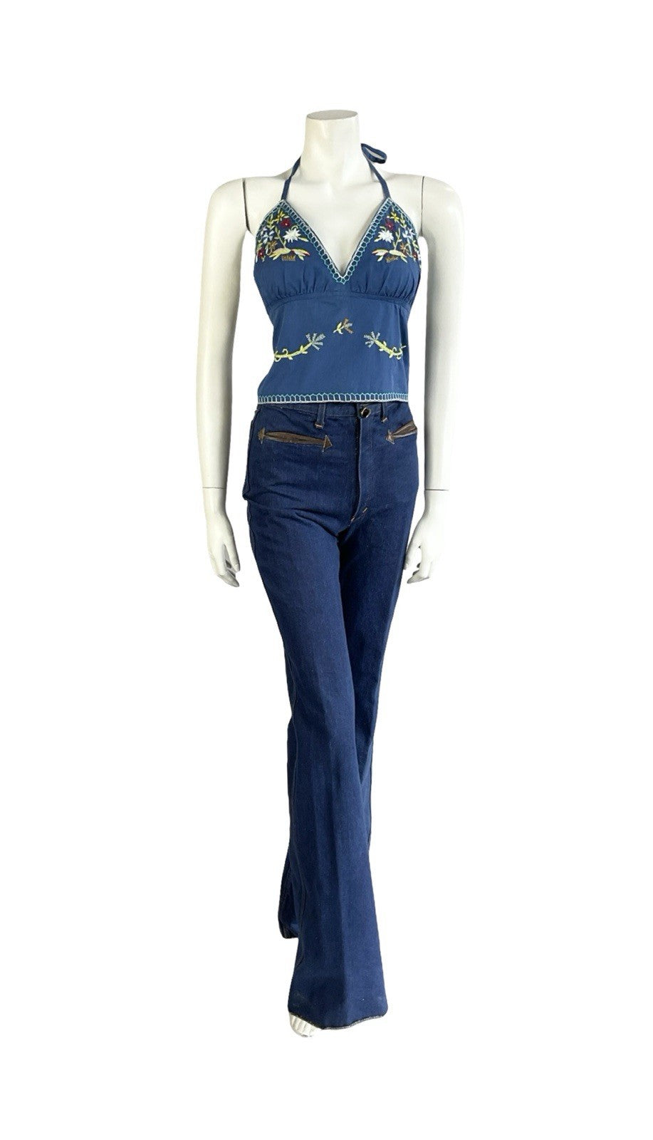 VTG 70S BLUE GREEN WHITE RED BOHO FOLK FLORAL EMBROIDERY COTTON HALTER TOP 12