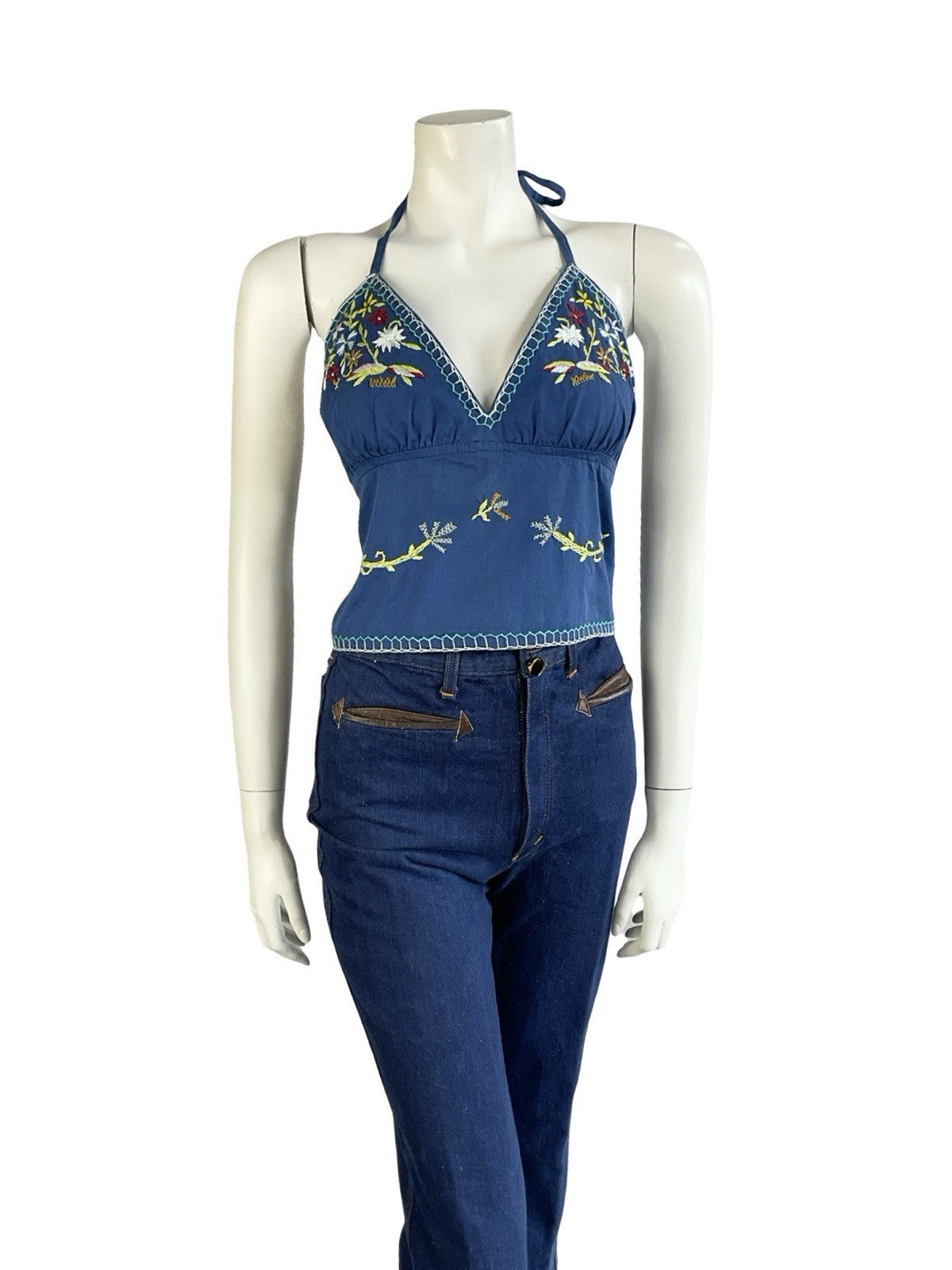 VTG 70S BLUE GREEN WHITE RED BOHO FOLK FLORAL EMBROIDERY COTTON HALTER TOP 12