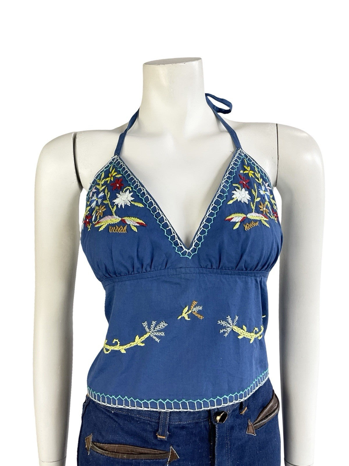VTG 70S BLUE GREEN WHITE RED BOHO FOLK FLORAL EMBROIDERY COTTON HALTER TOP 12