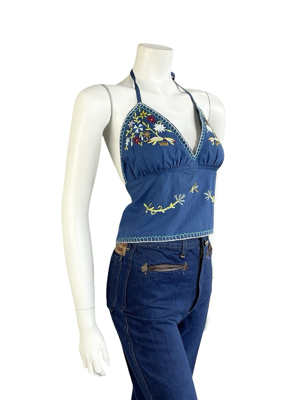 VTG 70S BLUE GREEN WHITE RED BOHO FOLK FLORAL EMBROIDERY COTTON HALTER TOP 12