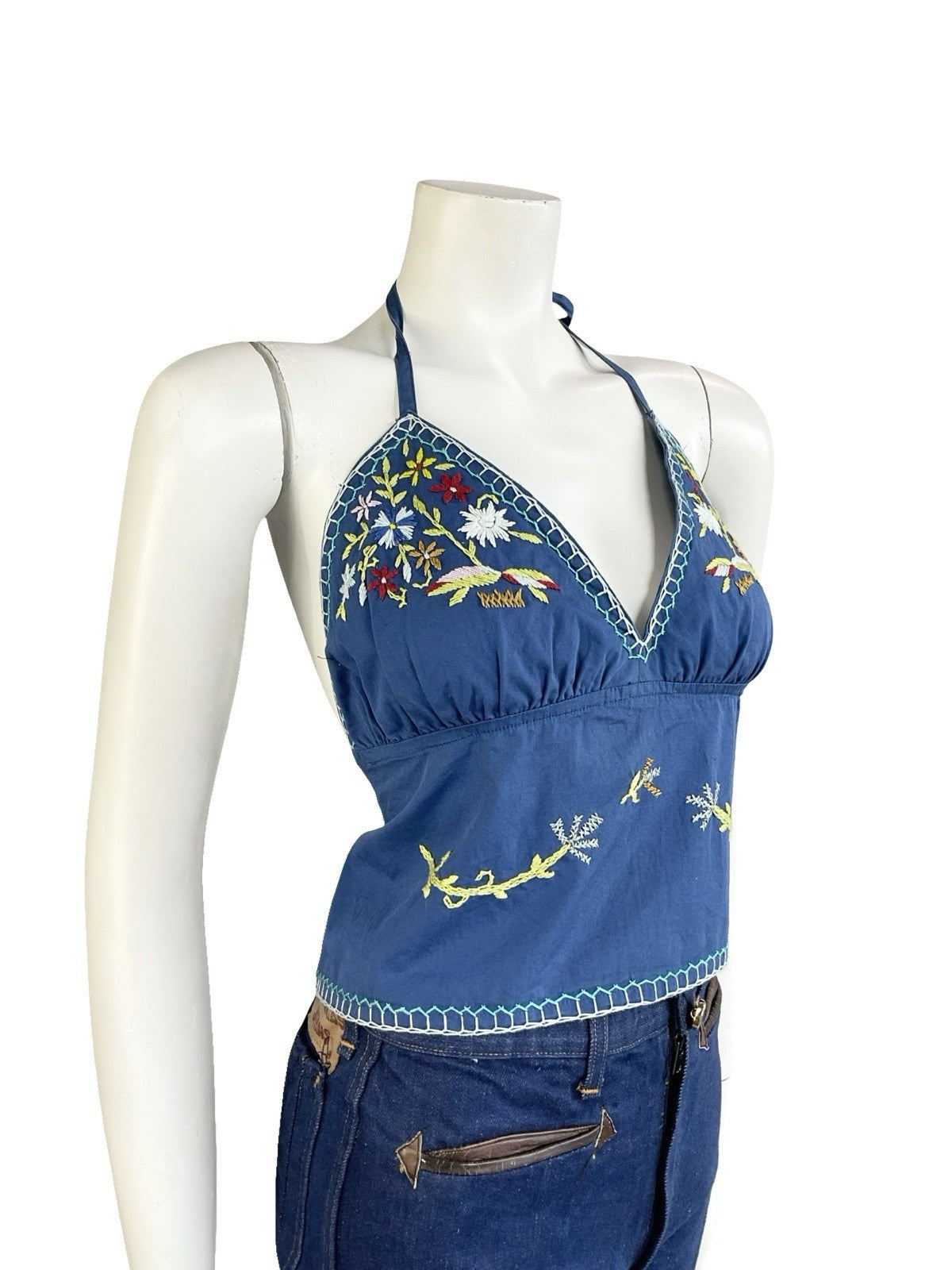 VTG 70S BLUE GREEN WHITE RED BOHO FOLK FLORAL EMBROIDERY COTTON HALTER TOP 12