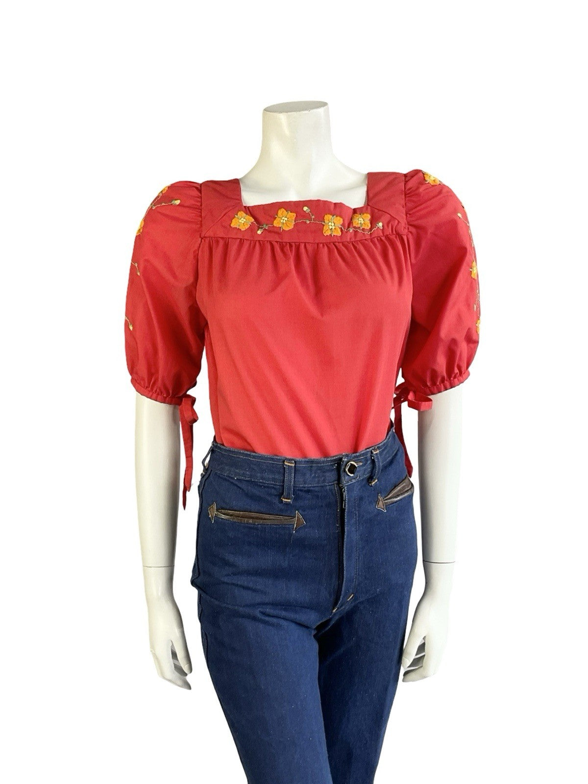 VTG 70S BRIGHT RED ORANGE FLORAL EMBROIDERED FOLK BOHO PUFF SLEEVE BLOUSE 12