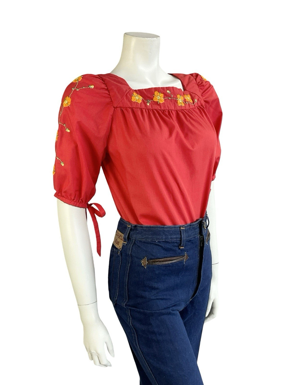 VTG 70S BRIGHT RED ORANGE FLORAL EMBROIDERED FOLK BOHO PUFF SLEEVE BLOUSE 12
