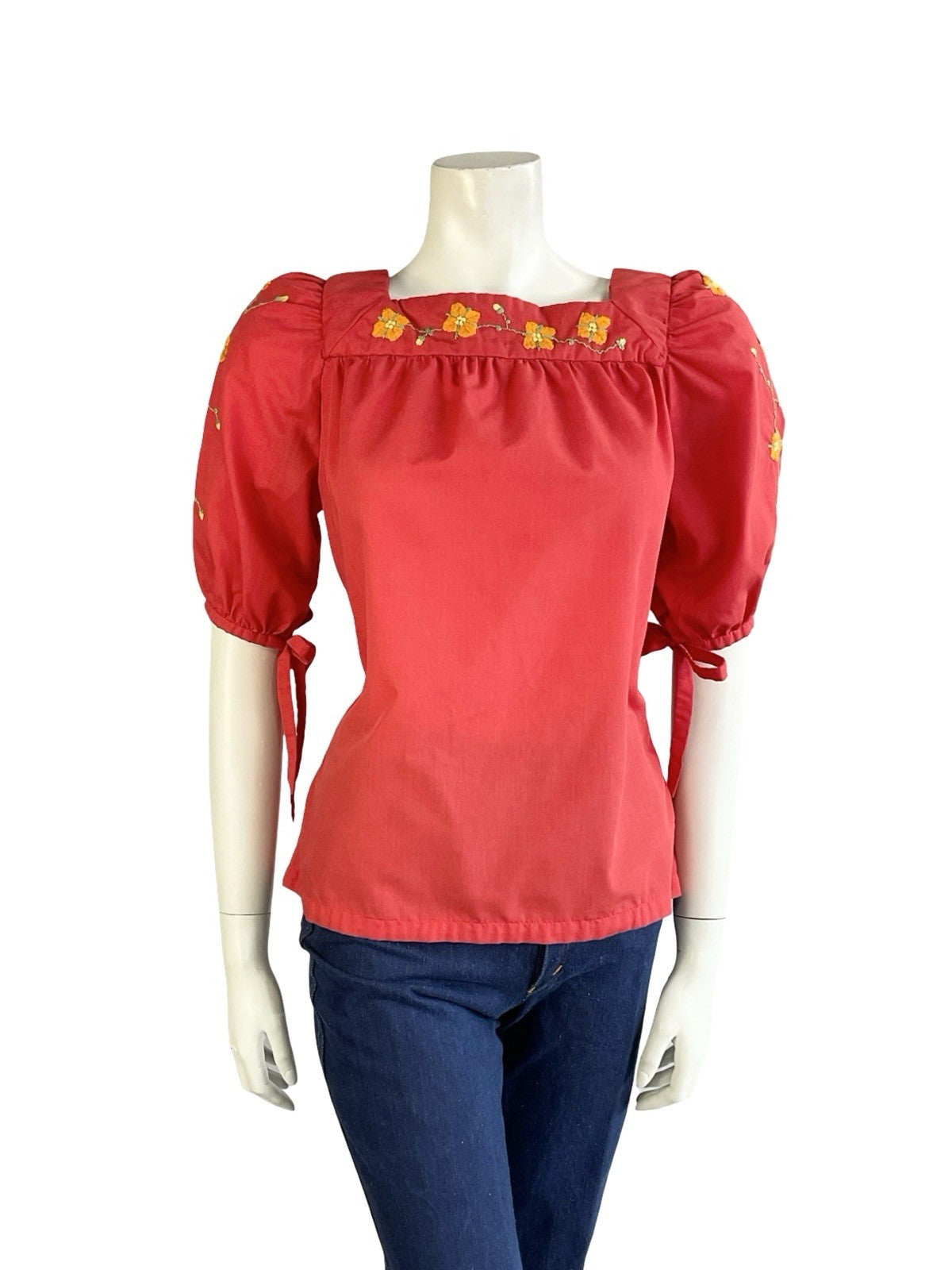 VTG 70S BRIGHT RED ORANGE FLORAL EMBROIDERED FOLK BOHO PUFF SLEEVE BLOUSE 12