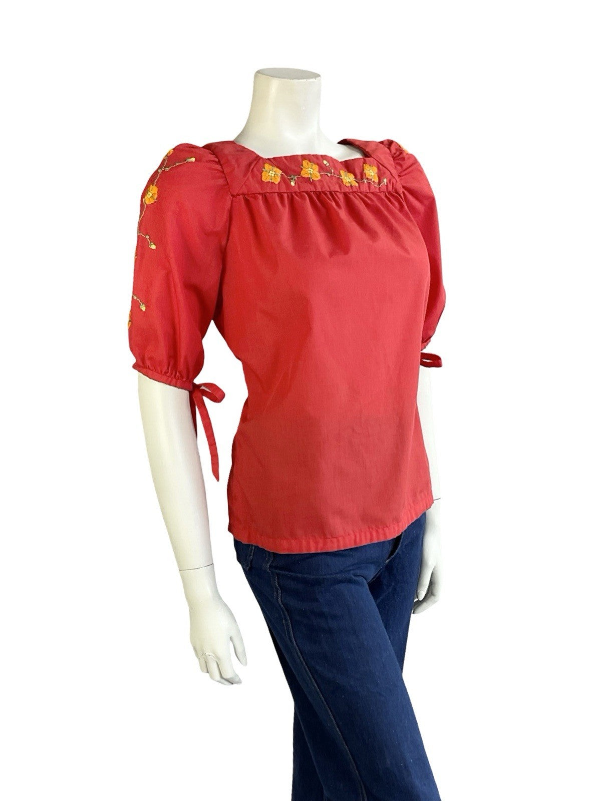 VTG 70S BRIGHT RED ORANGE FLORAL EMBROIDERED FOLK BOHO PUFF SLEEVE BLOUSE 12