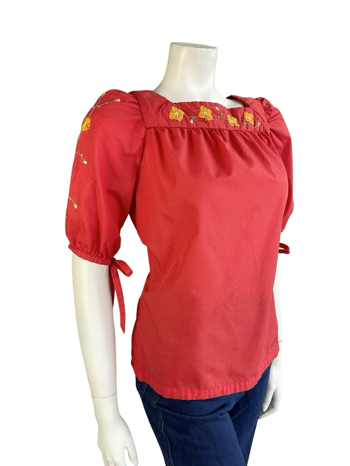 VTG 70S BRIGHT RED ORANGE FLORAL EMBROIDERED FOLK BOHO PUFF SLEEVE BLOUSE 12