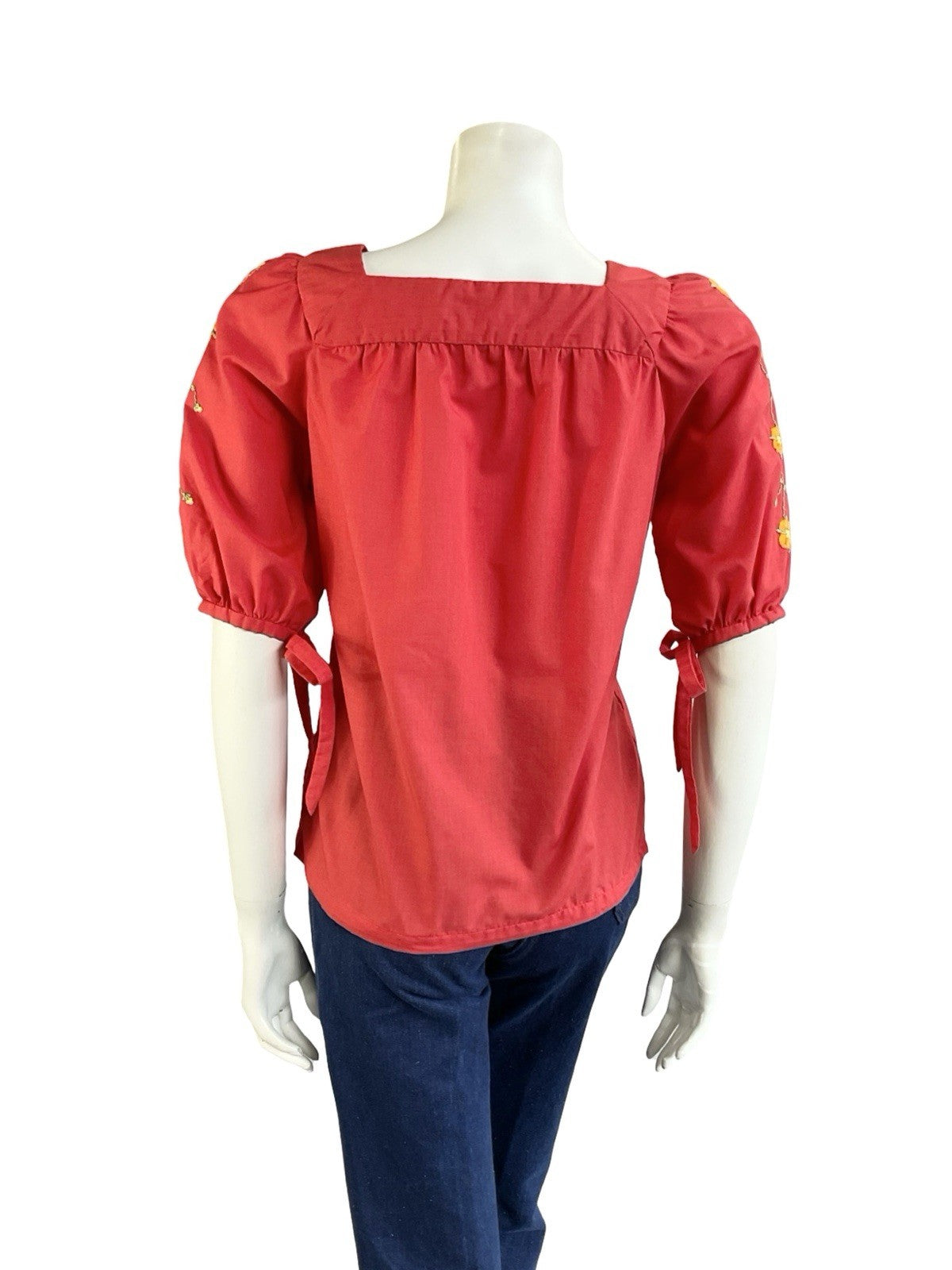 VTG 70S BRIGHT RED ORANGE FLORAL EMBROIDERED FOLK BOHO PUFF SLEEVE BLOUSE 12