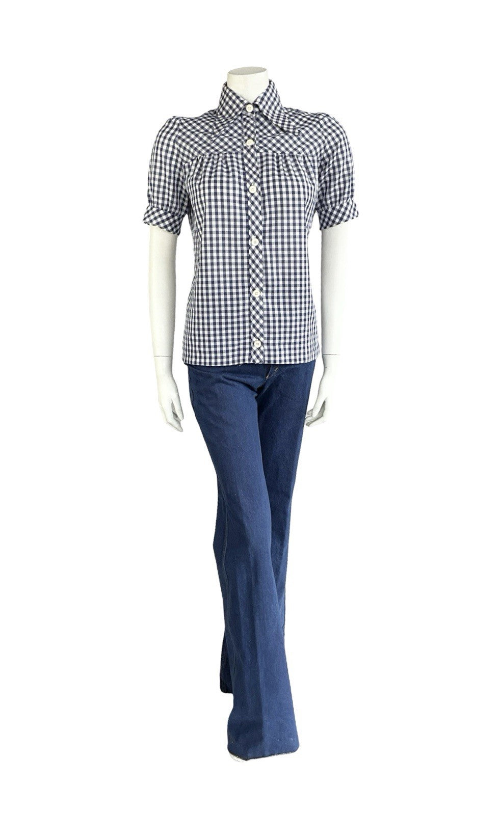 VTG 70S WHITE NAVY BLUE GINGHAM PRAIRIE COTTAGE PUFF SLEEVE DAGGER SHIRT 12