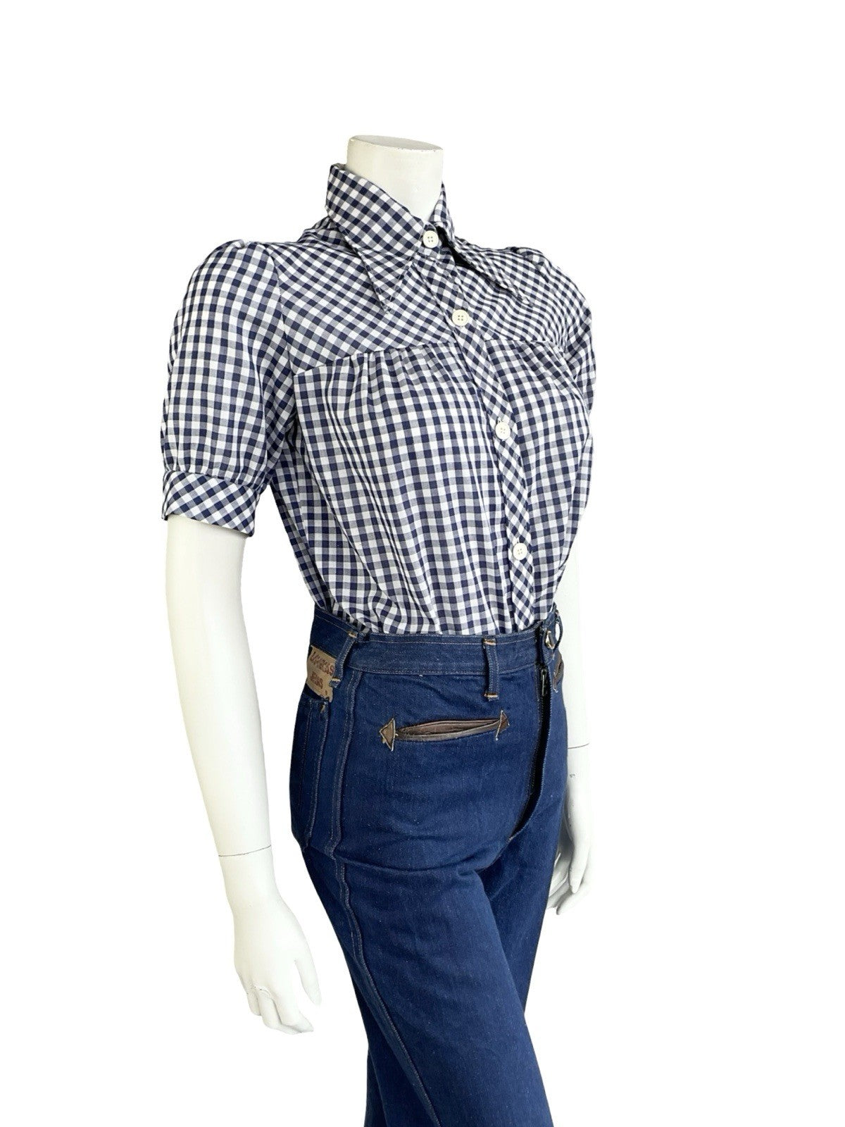 VTG 70S WHITE NAVY BLUE GINGHAM PRAIRIE COTTAGE PUFF SLEEVE DAGGER SHIRT 12
