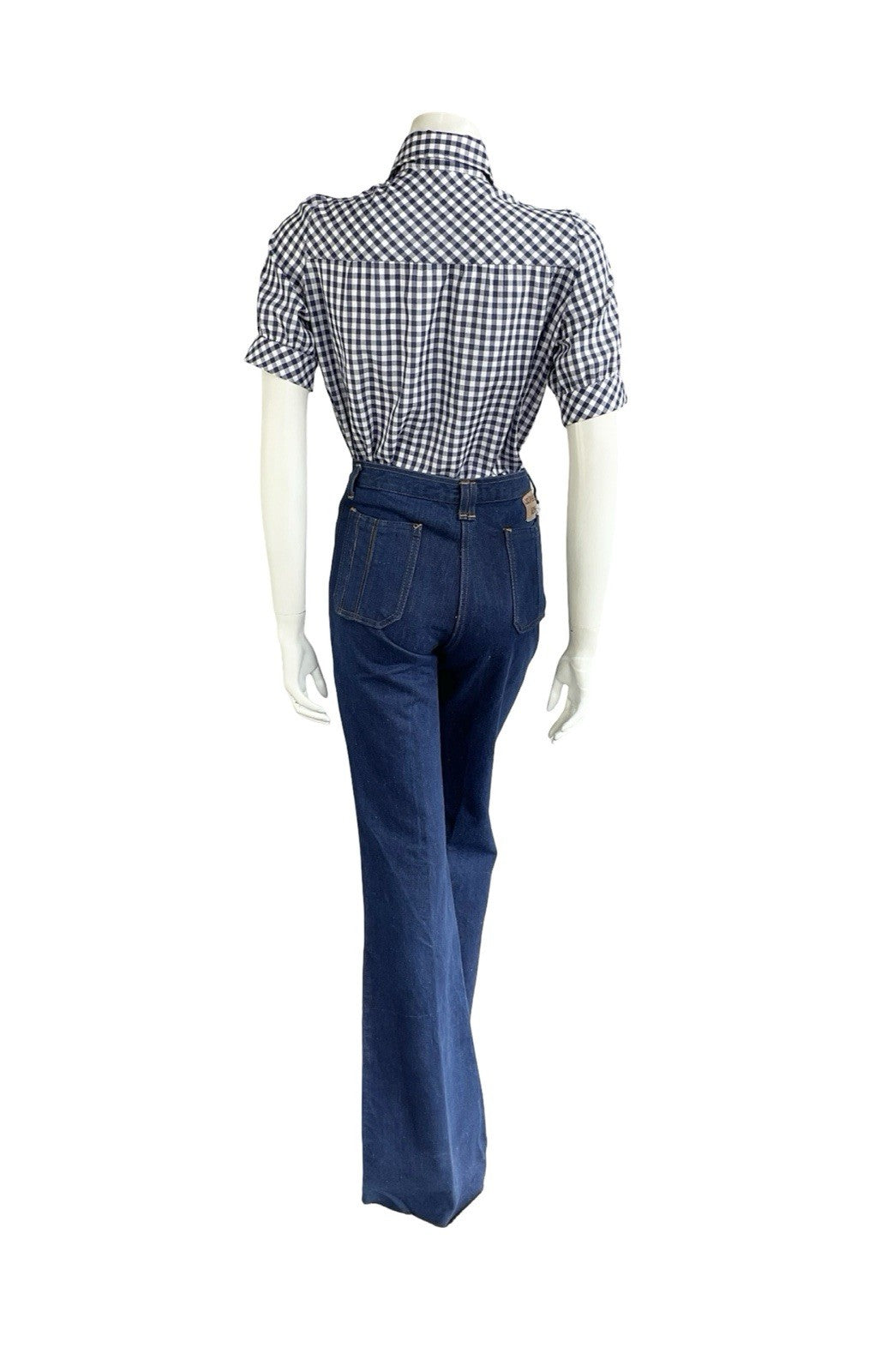 VTG 70S WHITE NAVY BLUE GINGHAM PRAIRIE COTTAGE PUFF SLEEVE DAGGER SHIRT 12